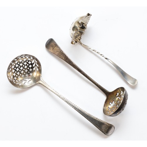 39 - A George III silver feather edge sifter spoon, London 1791, another 1802 and a third, Birmingham 191... 