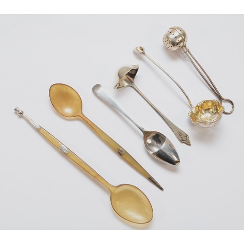 40 - Georg Jensen, a silver toddy ladle, London import marks 1929, a tea infuser, Sheffield 1945, a sifte... 