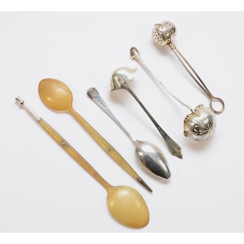 40 - Georg Jensen, a silver toddy ladle, London import marks 1929, a tea infuser, Sheffield 1945, a sifte... 