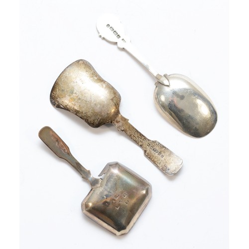 44 - A Victorian silver shovel caddy spoon, Birmingham 1839, floral engraved handle, another Birmingham 1... 