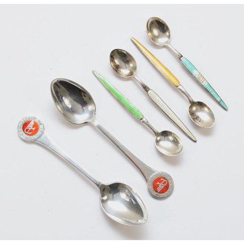 45 - Two 1953 Nissan Motor Co. Ltd silver and enamel spoons with Austin enamel badges and four Sterling S... 