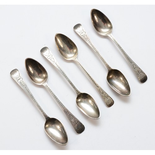 49 - Five George III silver bright cut tea spoons, London 1789,  and another to match, 87gm