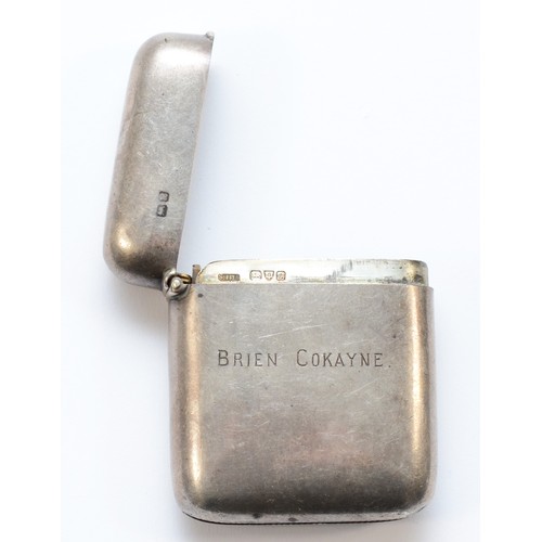 58 - An Edwardian silver vesta case, Chester 1902, inscribed, 52 x 45 x 12mm, 47gm