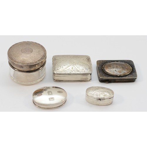 65 - Three silver hallmarked pill boxes, a silver and glass jar and a white metal box, 68gm of weighable,