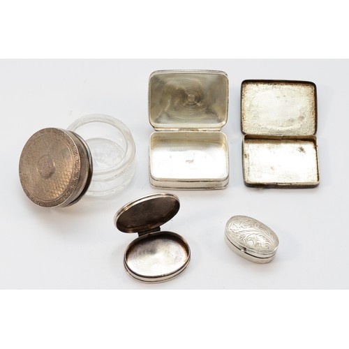 65 - Three silver hallmarked pill boxes, a silver and glass jar and a white metal box, 68gm of weighable,