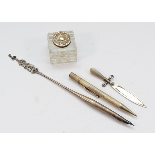 82 - A Silver stamped and agate sword book marker, 10.5cm, an unmarked silver pen a silver propelling pen... 