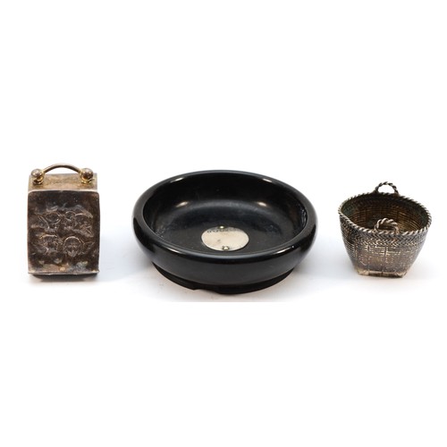 83 - A 925 stamped silver cherub coal scuttle, a silver mounted ebony dish and an unmarked basket