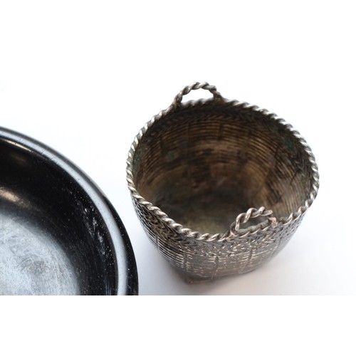 83 - A 925 stamped silver cherub coal scuttle, a silver mounted ebony dish and an unmarked basket