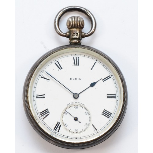 120 - Elgin, a silver keyless wind pocket watch, Birmingham 1928, screw bezel, 50mm, working when catalogu... 