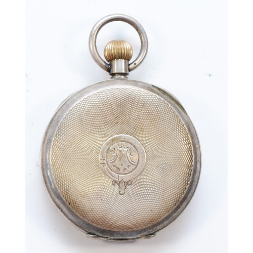 121 - A WWI silver keyless wind pocket watch, London import 1915, with black dial, 48mm, working when cata... 