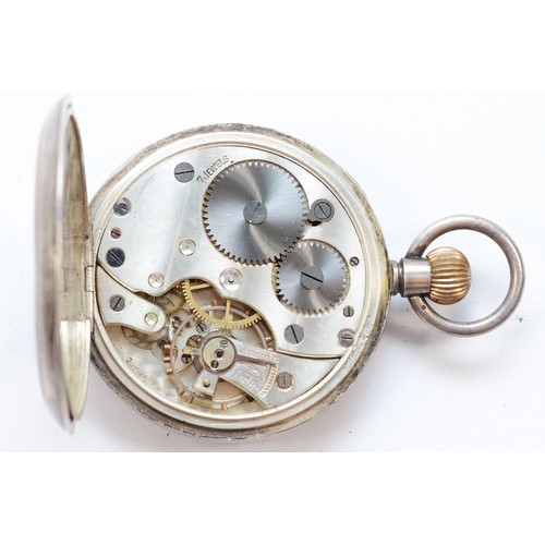 121 - A WWI silver keyless wind pocket watch, London import 1915, with black dial, 48mm, working when cata... 