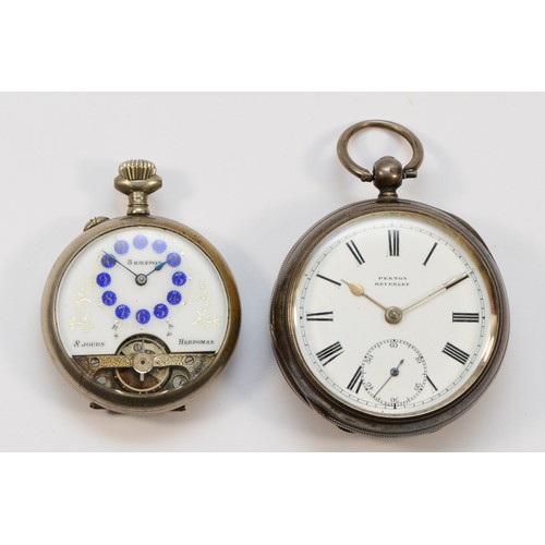 124 - Pexton, Beverley, a silver English Lever pocket watch,. Birmingham 1899 and a silver plated Hedomas ... 