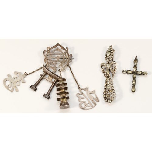 143 - A 19th century silver and paste bow brooch, 72mm, a Victorian silver and paste cross and a monogram ... 