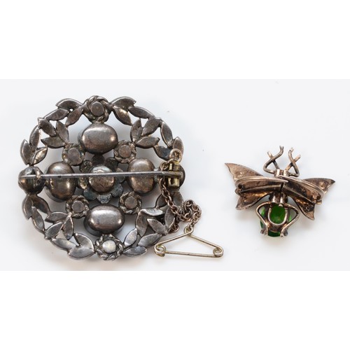 154 - A silver, marcasite, purple and green paste cluster brooch, 35mm, and a paste set fly brooch, 16gm