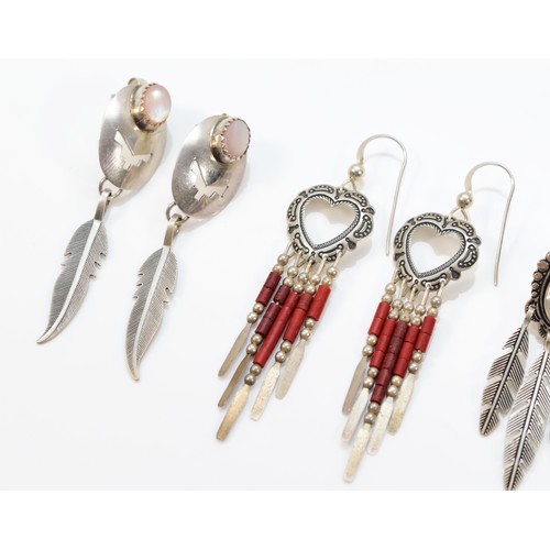 169 - Four pairs of Native American silver and gemset ear rings, 23gm