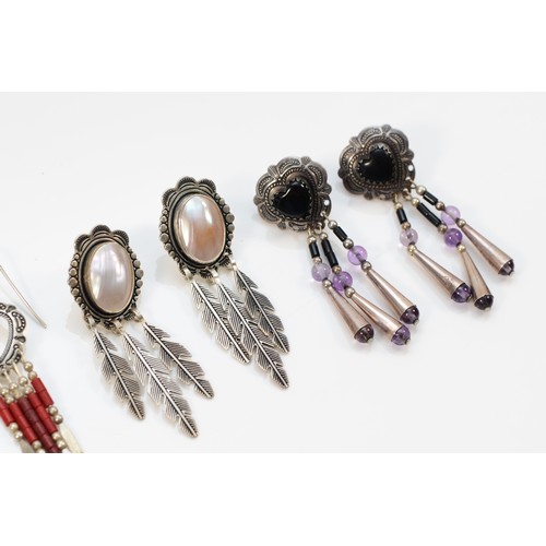 169 - Four pairs of Native American silver and gemset ear rings, 23gm