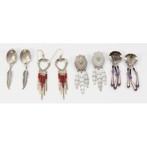 169 - Four pairs of Native American silver and gemset ear rings, 23gm