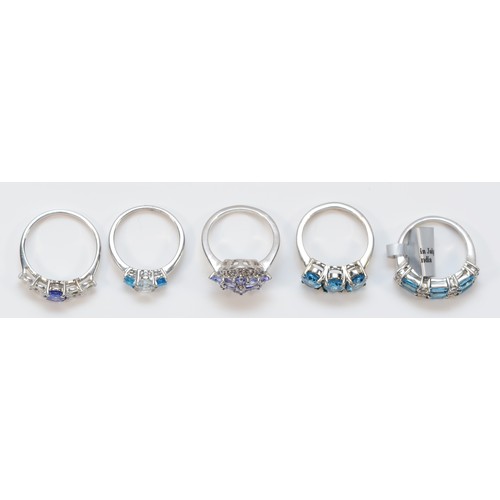 171 - Five silver and gem stone set rings, including tanzanite, sizes N - S, 18gm