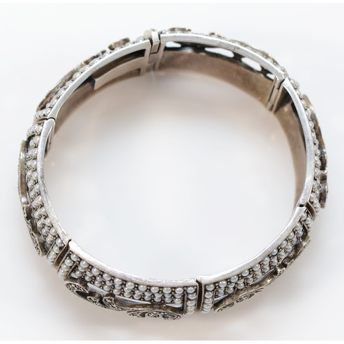 172 - An unmarked silver, marcasite and half pearl set panel link bracelet, 60 x 54mm, 22mm wide, 65gm