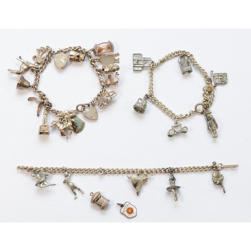 185 - Three silver curb link bracelets, each mounted with silver charms, and two loose charms, 80gm