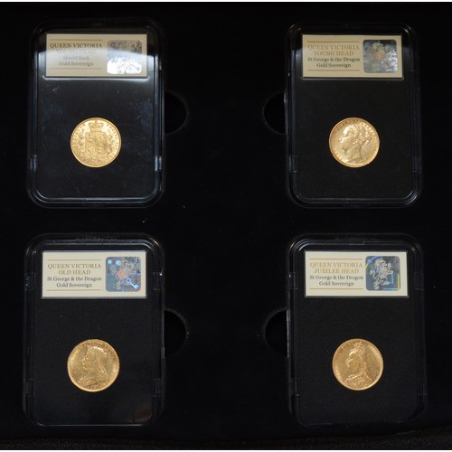 198 - Queen Victoria, Sovereign Collection, four full sovereigns, 1853 Shield Back, 1886 Young Head, 1894 ... 