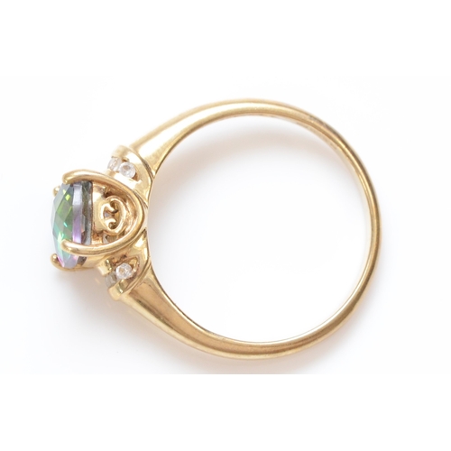 216 - A 9ct gold mystic topaz and white gemstone ring, N, 2.6gm