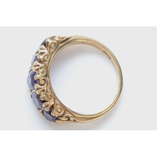 232 - A vintage 9ct gold Victorian style five stone amethyst ring, carved setting, M, 4.6gm