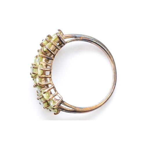 269 - A 9ct gold green gemstone triple cluster ring, N 1/2, 2.7gm