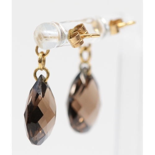 274 - A pair of 9ct gold mounted briolette cut smokey quartz ear pendants, 12mm