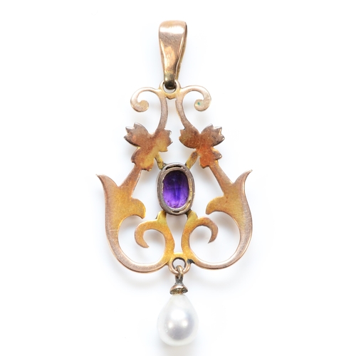 284 - An unmarked rose gold amethyst, half pearl and imitation pearl pendant, 47mm, 3.3gm