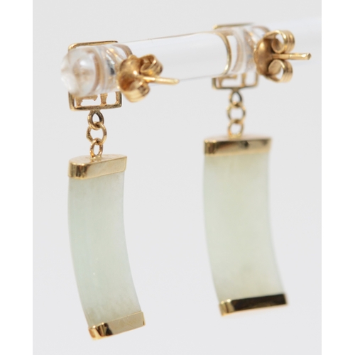 291 - A Chines pair of 9k gold and Jadeite ear pendants, 29mm