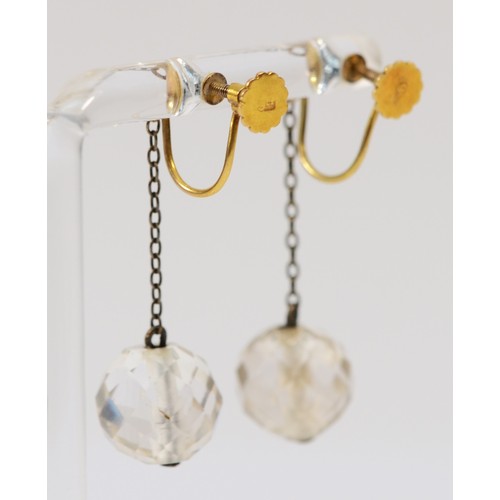 329 - A pair of 9ct gold screw back rock crystal drop earrings, 4.2g