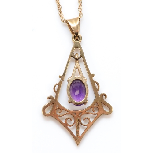 361 - A 9ct gold amethyst openwork pendant necklace, pendant 25mm length, 2g