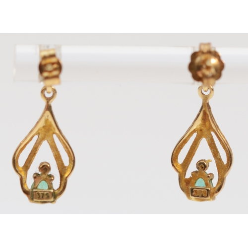 363 - A pair of 9ct gold diamond and emerald drop earrings, 1.5g