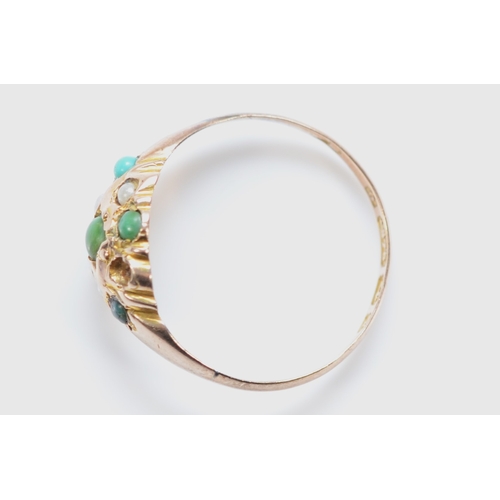 385 - A Victorian 9ct gold turquoise and seed pearl ring, Birmingham 1898, one seed pearl missing, L, 1.3g