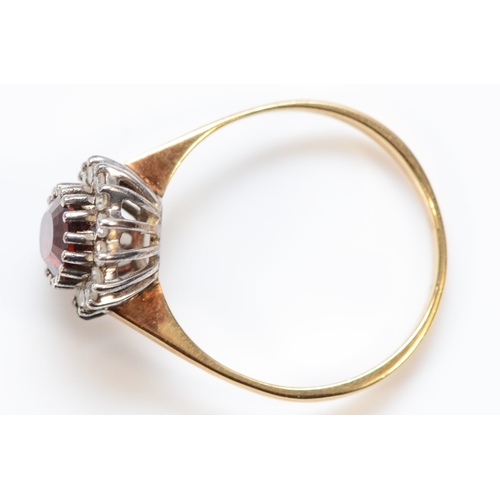 391 - A 9ct gold garnet and diamond halo dress ring, M, 2g