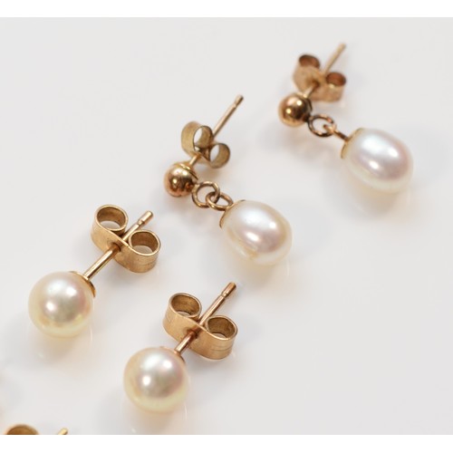 406 - Four pairs of 9ct gold cultured pearl stud and drop earrings, 3.1g