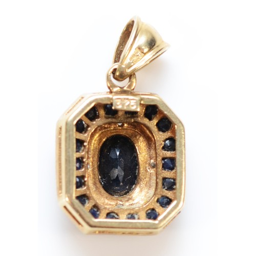 427 - A 9ct gold sapphire and diamond pendant, 20mm overall, 1.8gm