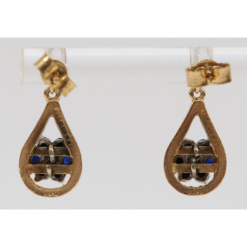 430 - A 9ct gold sapphire and diamond pair of sear pendants, 15mm, 2gm