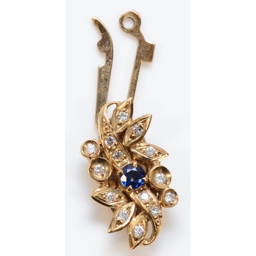 433 - A 9ct gold sapphire and brilliant cut diamond cluster clasp, 18mm, 2.3gm