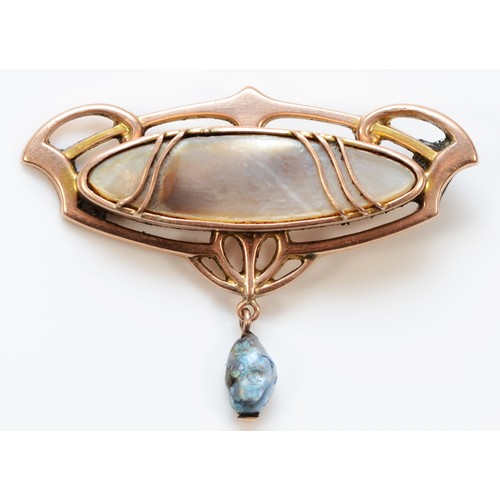 Barnet Henry Joseph (1837-1907), a 9ct rose gold and blister pearl Art Nouveau brooch, c.1900/05, signed, 39mm, lacking hinge and pin, 4.1gm