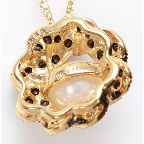 474 - A 9ct gold, cultured pearl and enhanced black diamond cluster pendant, stated weight 0.56cts, chain,... 