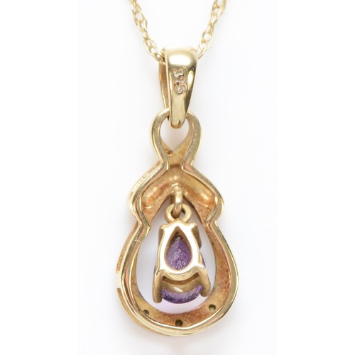 496 - A 9ct gold amethyst and diamond pendant, chain, 2gm, see previous lot