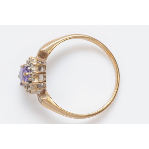 511 - A 9ct gold amethyst and diamond cluster ring, M, 1.7gm