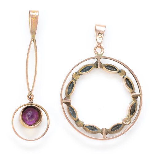 515 - An Edwardian 9ct rose gold, blue paste and seed pearl circular pendant and  a 9ct rose gold purple p... 