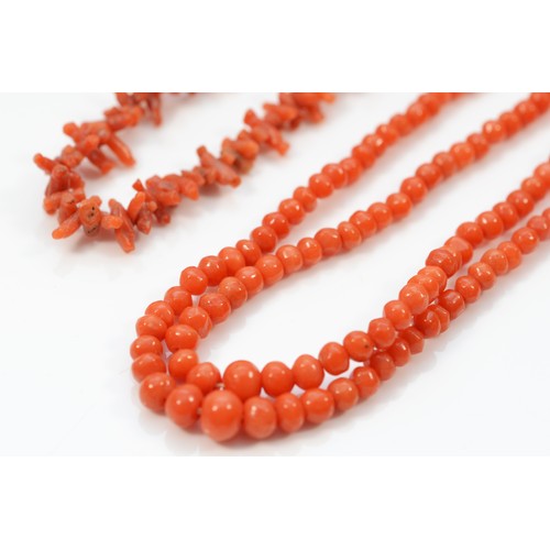 517 - A Victorian two row coral bead necklace, the largest bead 5mm, 46cm and a branch coral necklace