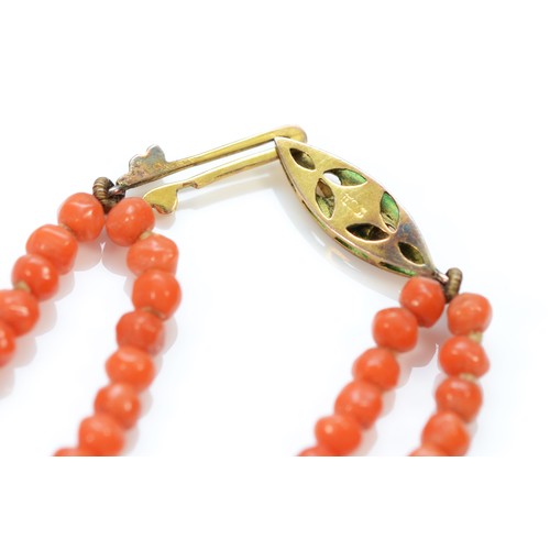 517 - A Victorian two row coral bead necklace, the largest bead 5mm, 46cm and a branch coral necklace