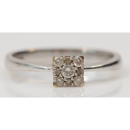 548 - A 9ct white gold brilliant and single cut diamond square cluster ring, stated weight, 0.15cts, M, 2g... 