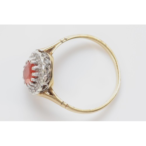 550 - A vintage 9ct gold fire opal and diamond cluster ring, O 1/2, 2.8gm