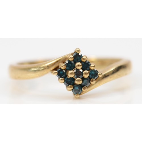 551 - A 9ct gold enhanced blue brilliant cut diamond square cluster ring, N, 2.2gm